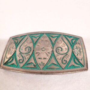 Belt Buckle Silver Tone Western Style Green Inlay Womens 2 3/4" x 1 1/2" Vintage